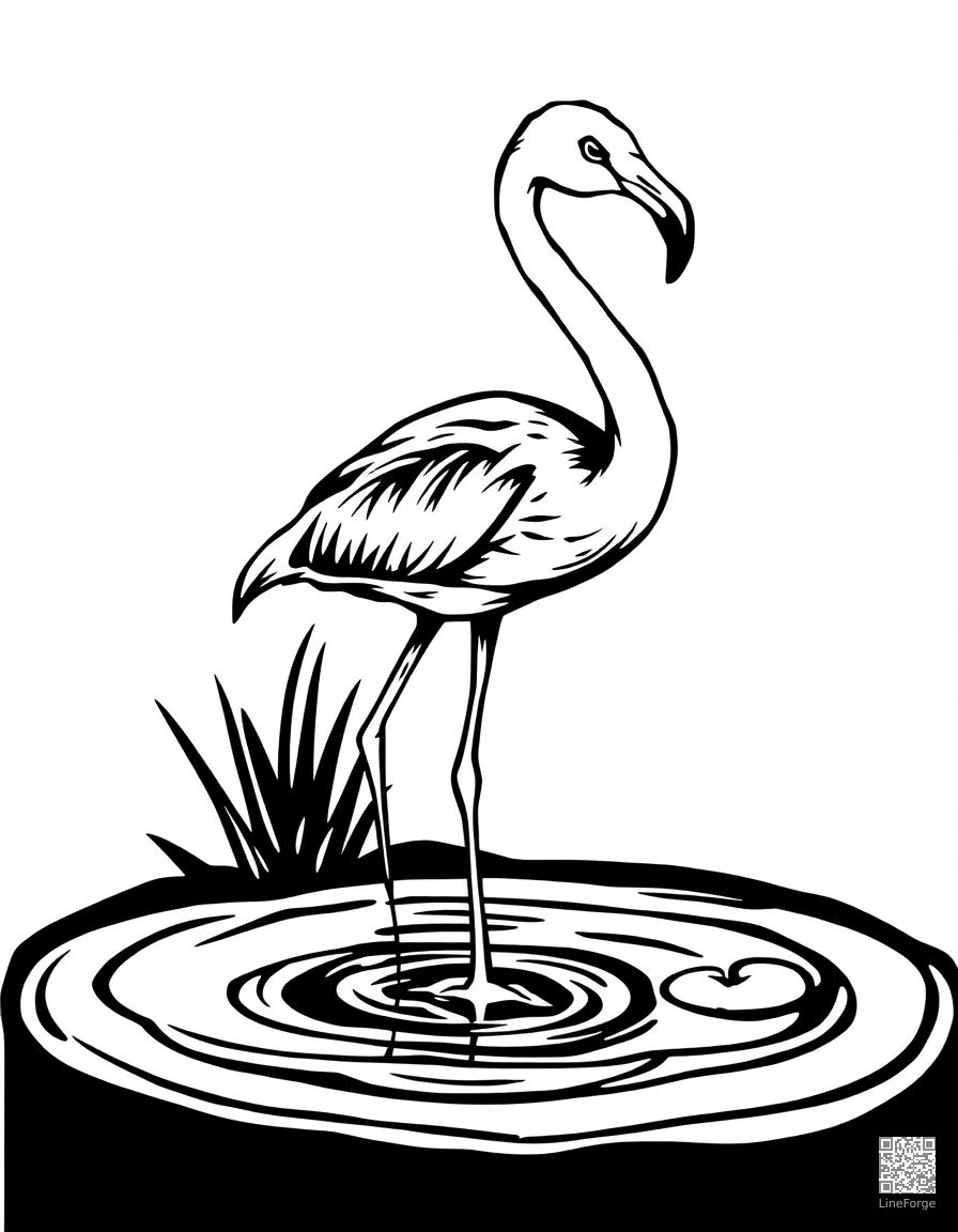 flamingo standing on one leg in a pond coloring page Woodcut style - free printable