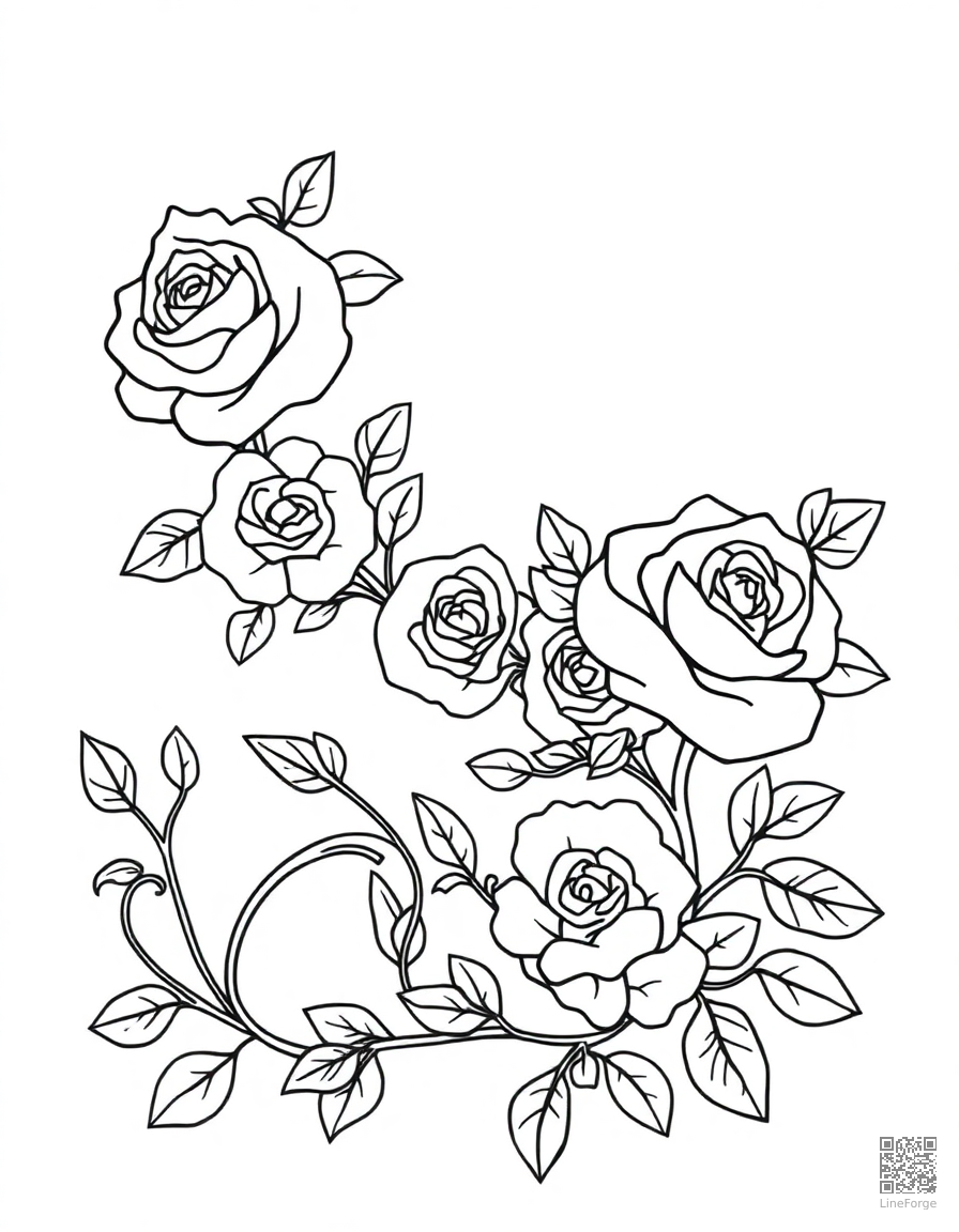 floral alphabet letter with roses and vines coloring page Contour style - free printable