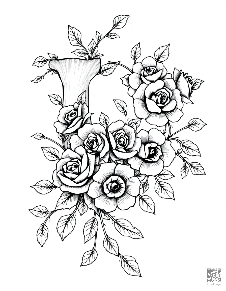 floral alphabet letter with roses and vines coloring page Crosshatch style - free printable
