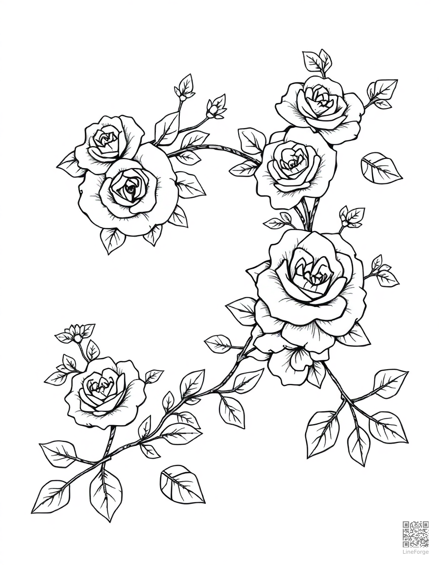 floral alphabet letter with roses and vines coloring page Manga style - free printable