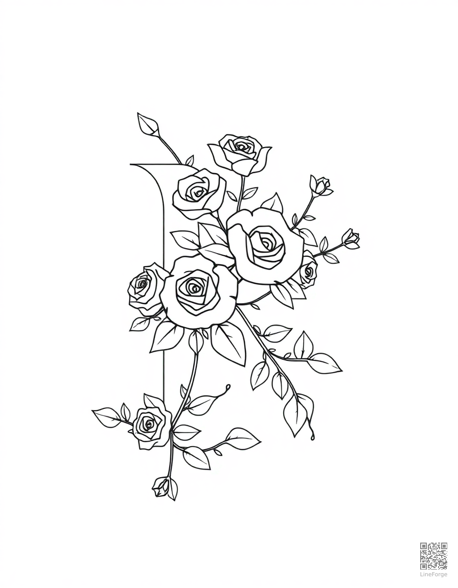 floral alphabet letter with roses and vines coloring page Minimal style - free printable