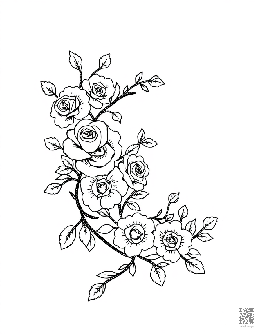 floral alphabet letter with roses and vines coloring page Stipple style - free printable