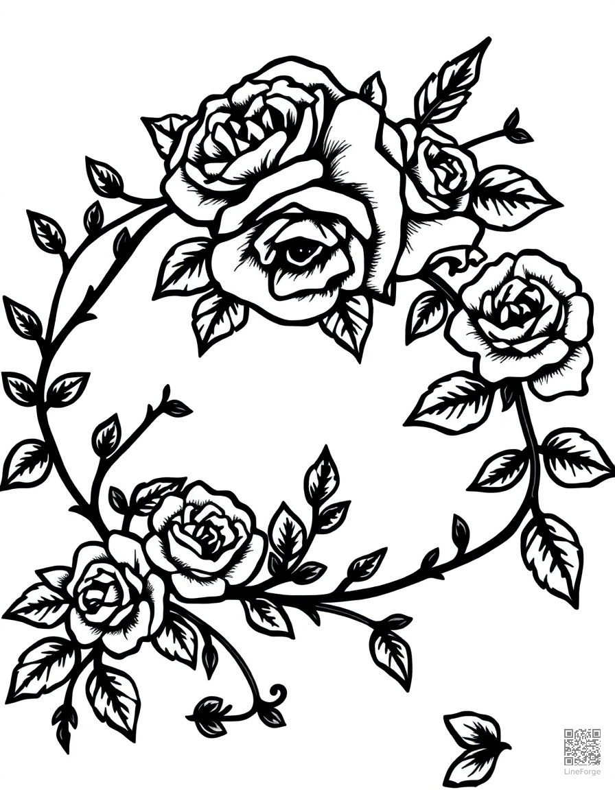 floral alphabet letter with roses and vines coloring page Woodcut style - free printable