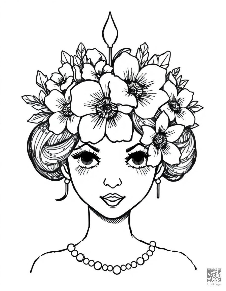 flower crown for a princess coloring page Crosshatch style - free printable