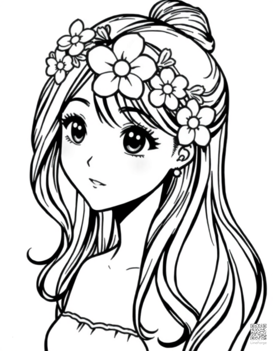 flower crown for a princess coloring page Manga style - free printable