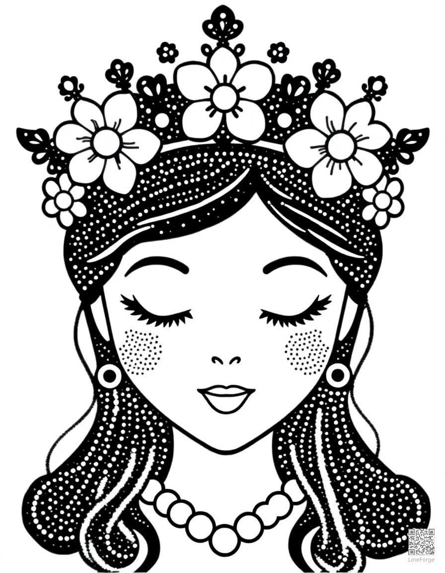 flower crown for a princess coloring page Stipple style - free printable