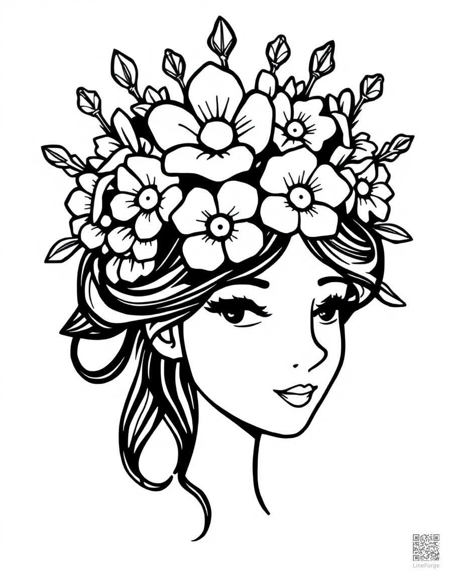 flower crown for a princess coloring page Woodcut style - free printable