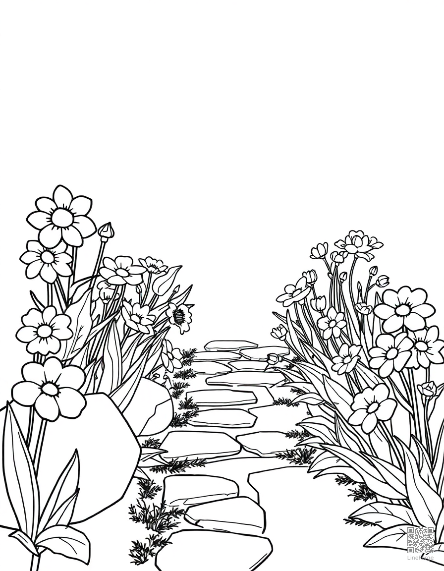 Free flower garden with a stone pathway coloring page in contour style — printable line art