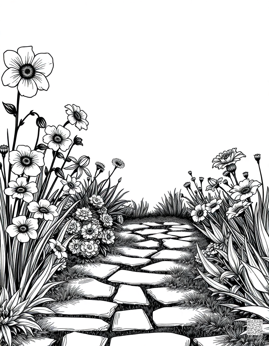 Free flower garden with a stone pathway coloring page in crosshatch style — printable line art
