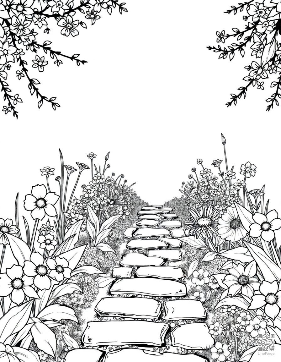 Free flower garden with a stone pathway coloring page in manga style — printable line art