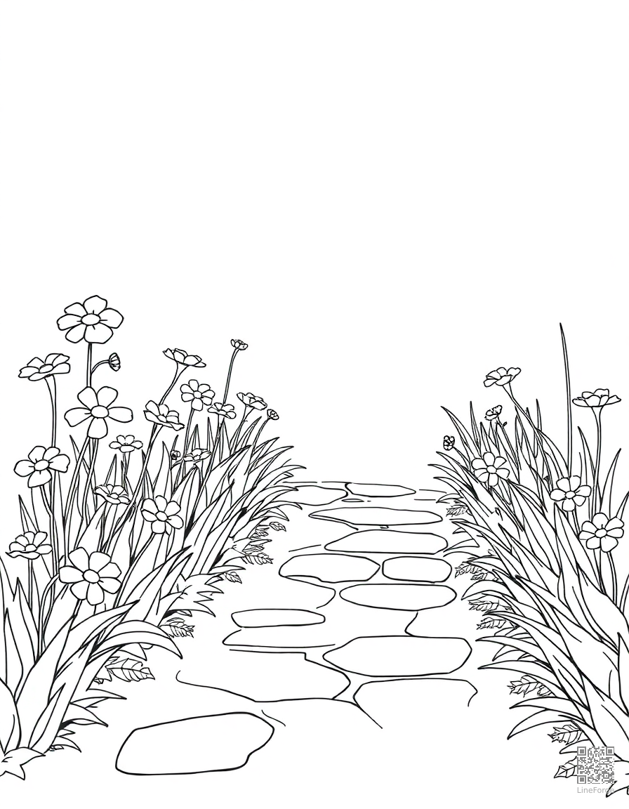 Free flower garden with a stone pathway coloring page in minimal style — printable line art