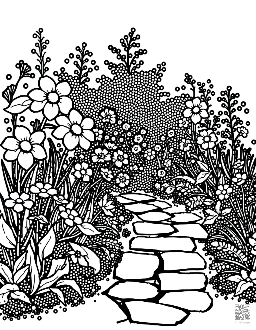 Free flower garden with a stone pathway coloring page in stipple style — printable line art