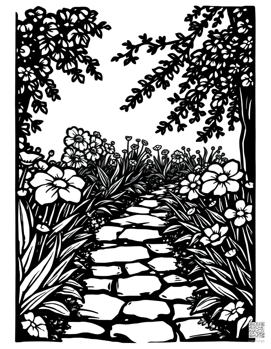 Free flower garden with a stone pathway coloring page in woodcut style — printable line art
