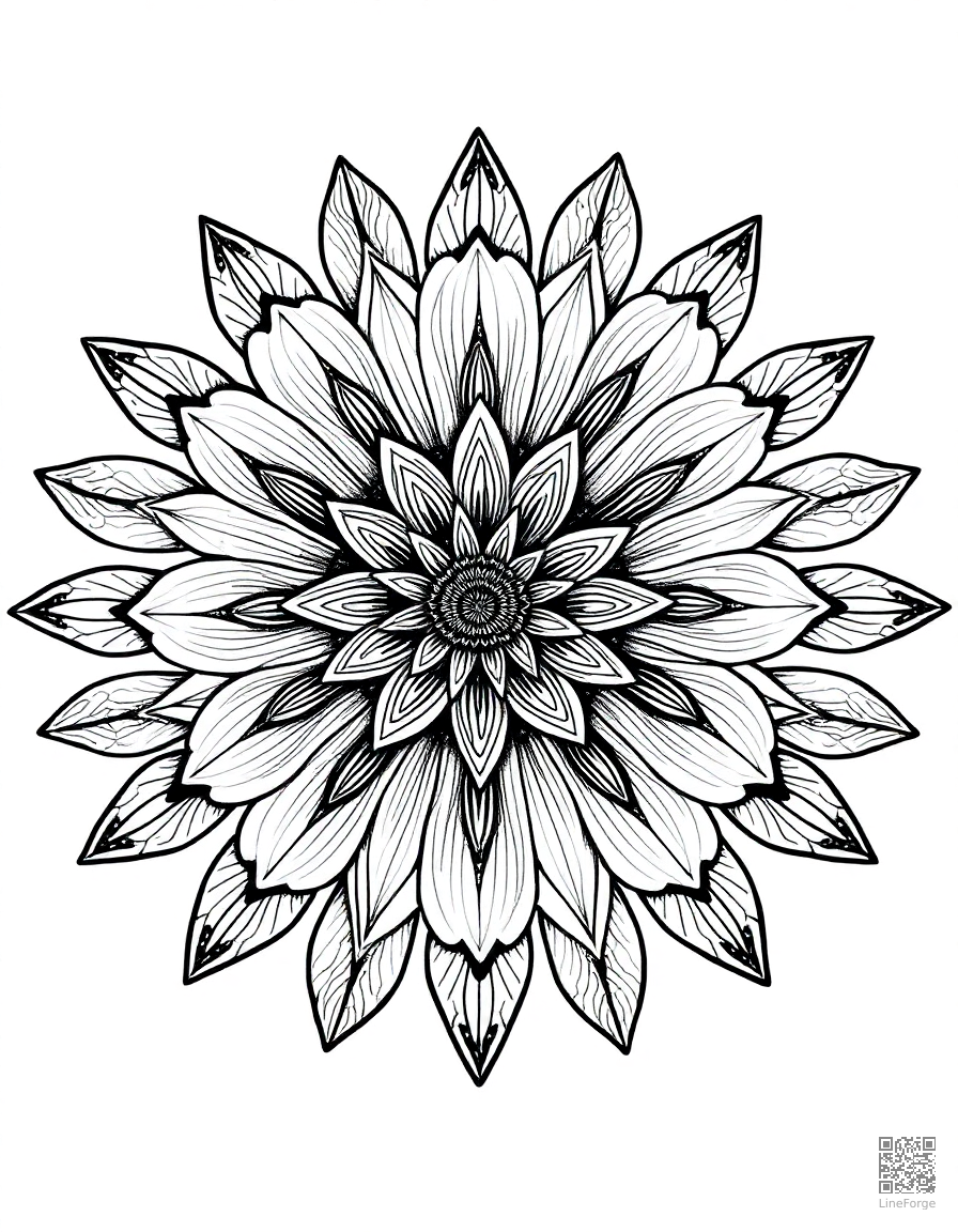 flower mandala made of different species coloring page Crosshatch style - free printable