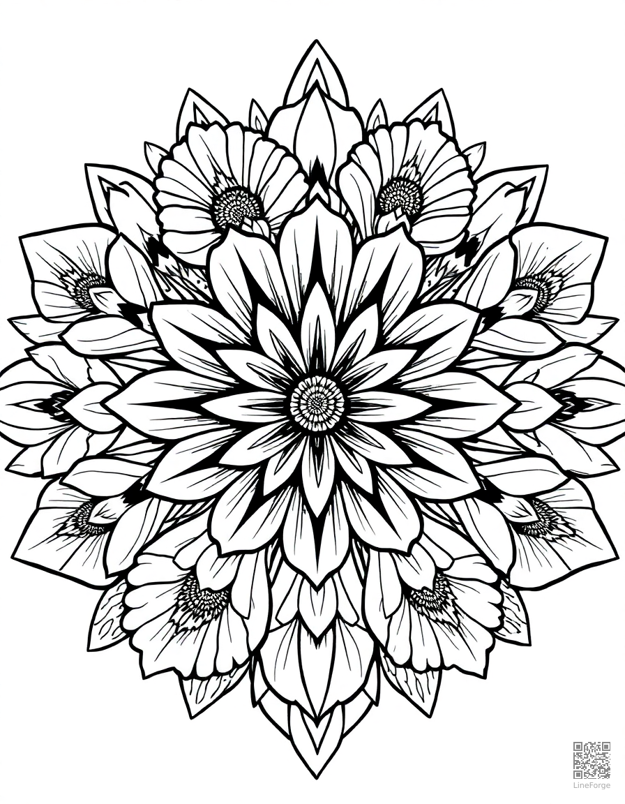 flower mandala made of different species coloring page Manga style - free printable