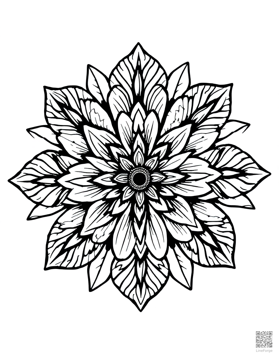 flower mandala made of different species coloring page Woodcut style - free printable