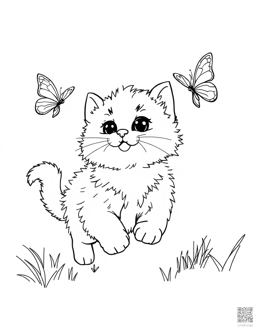 fluffy kitten chasing a butterfly coloring page Contour style - free printable
