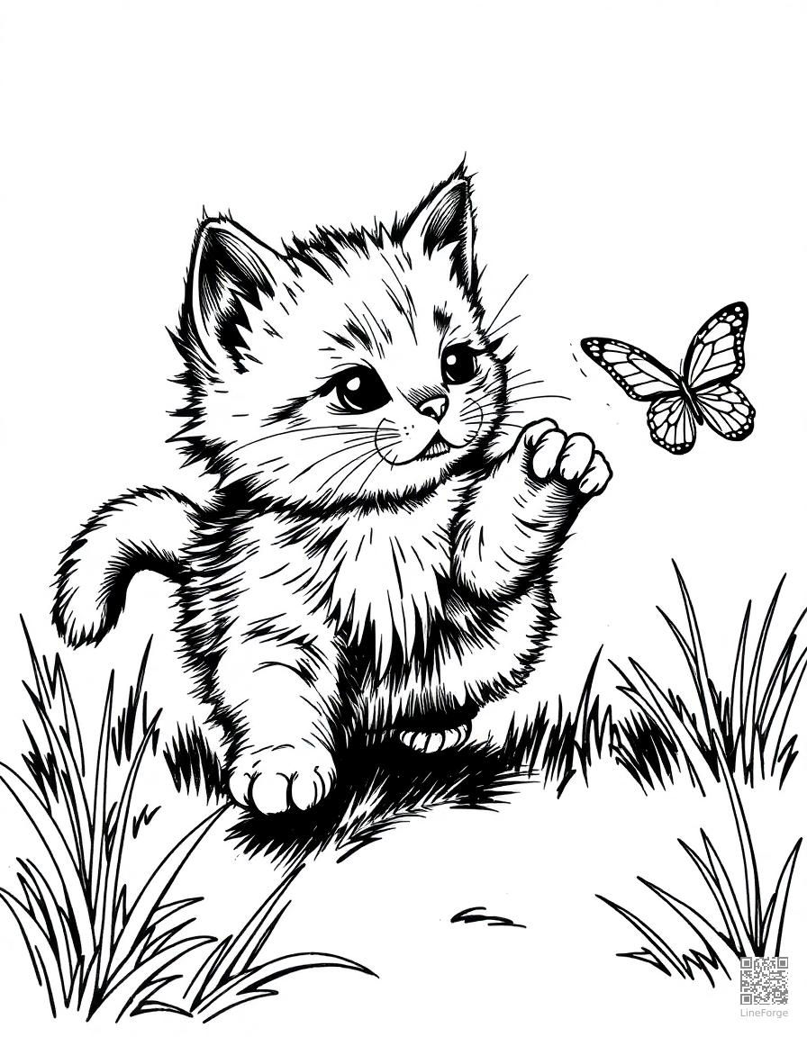 fluffy kitten chasing a butterfly coloring page Crosshatch style - free printable