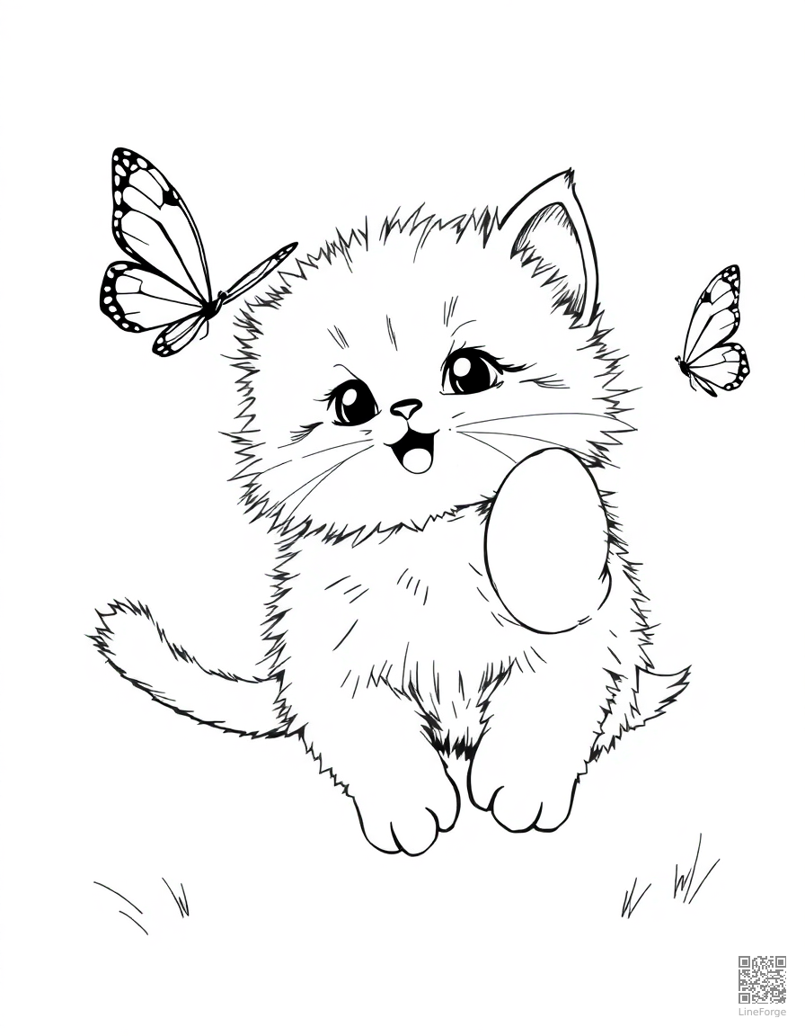 fluffy kitten chasing a butterfly coloring page Manga style - free printable