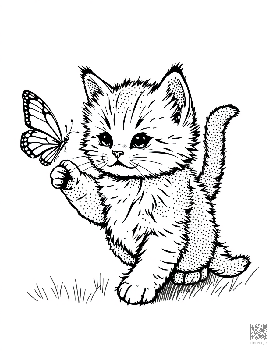fluffy kitten chasing a butterfly coloring page Stipple style - free printable
