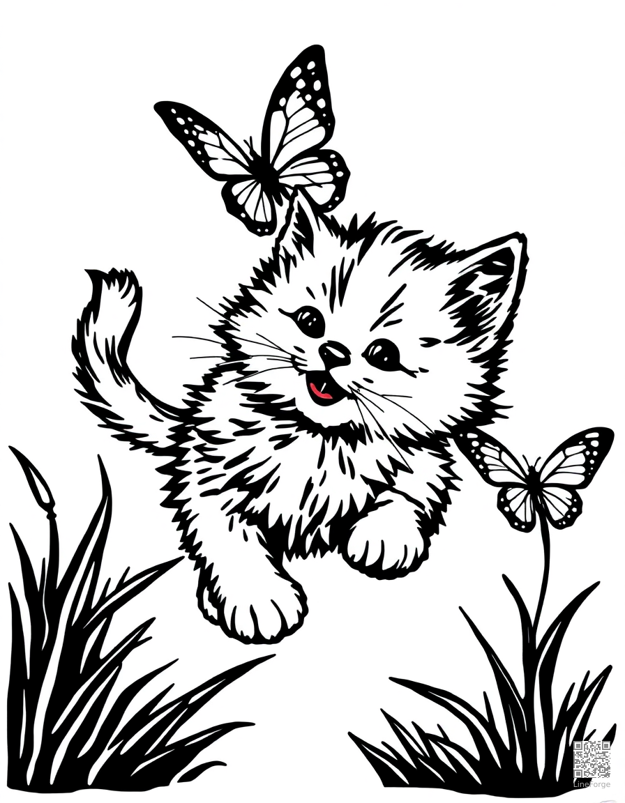 fluffy kitten chasing a butterfly coloring page Woodcut style - free printable