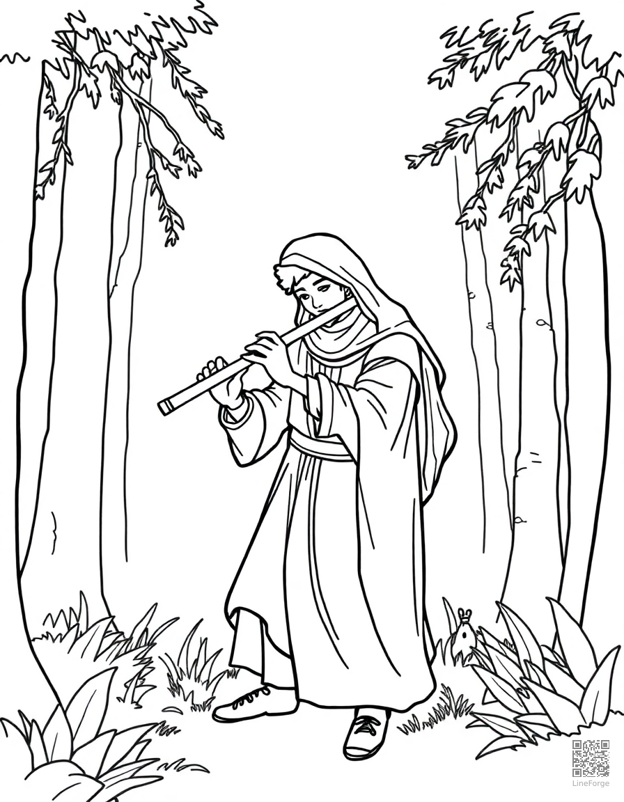 flute player in a forest glade coloring page Contour style - free printable