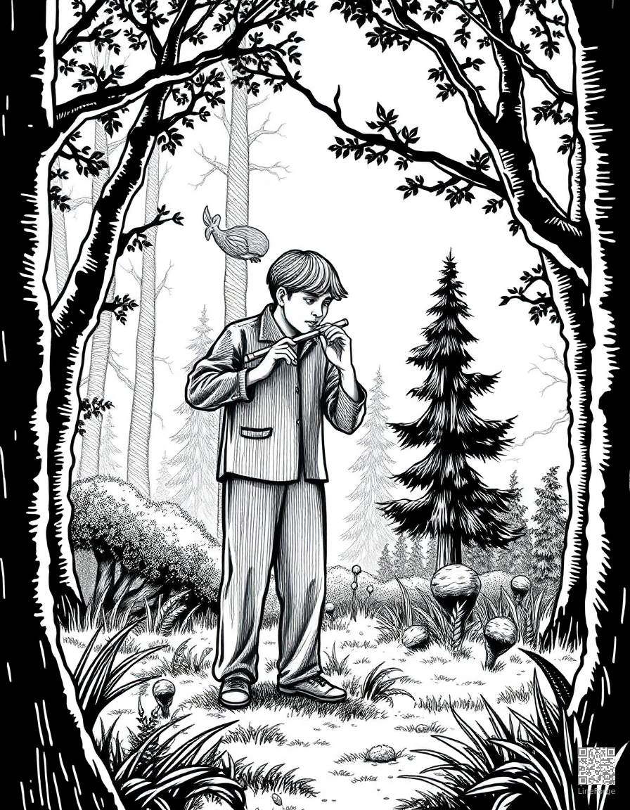 flute player in a forest glade coloring page Crosshatch style - free printable