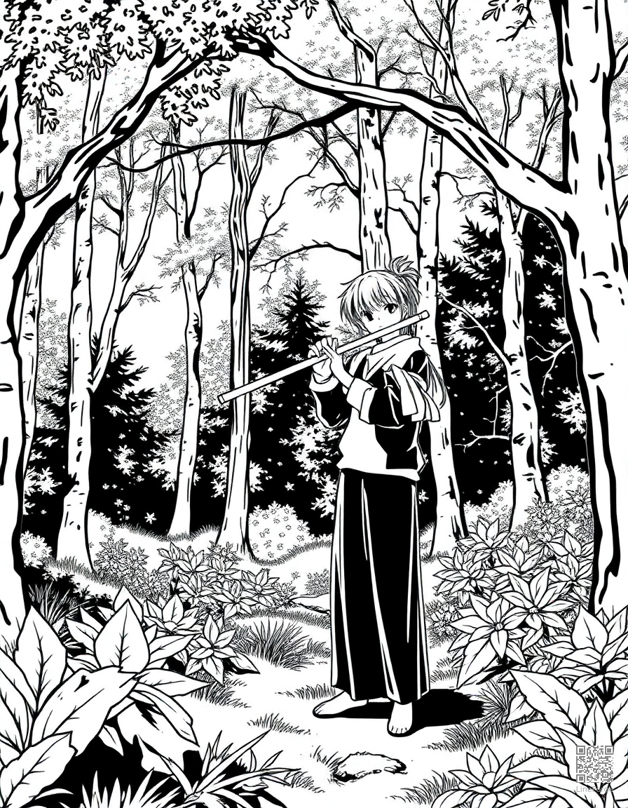 flute player in a forest glade coloring page Manga style - free printable