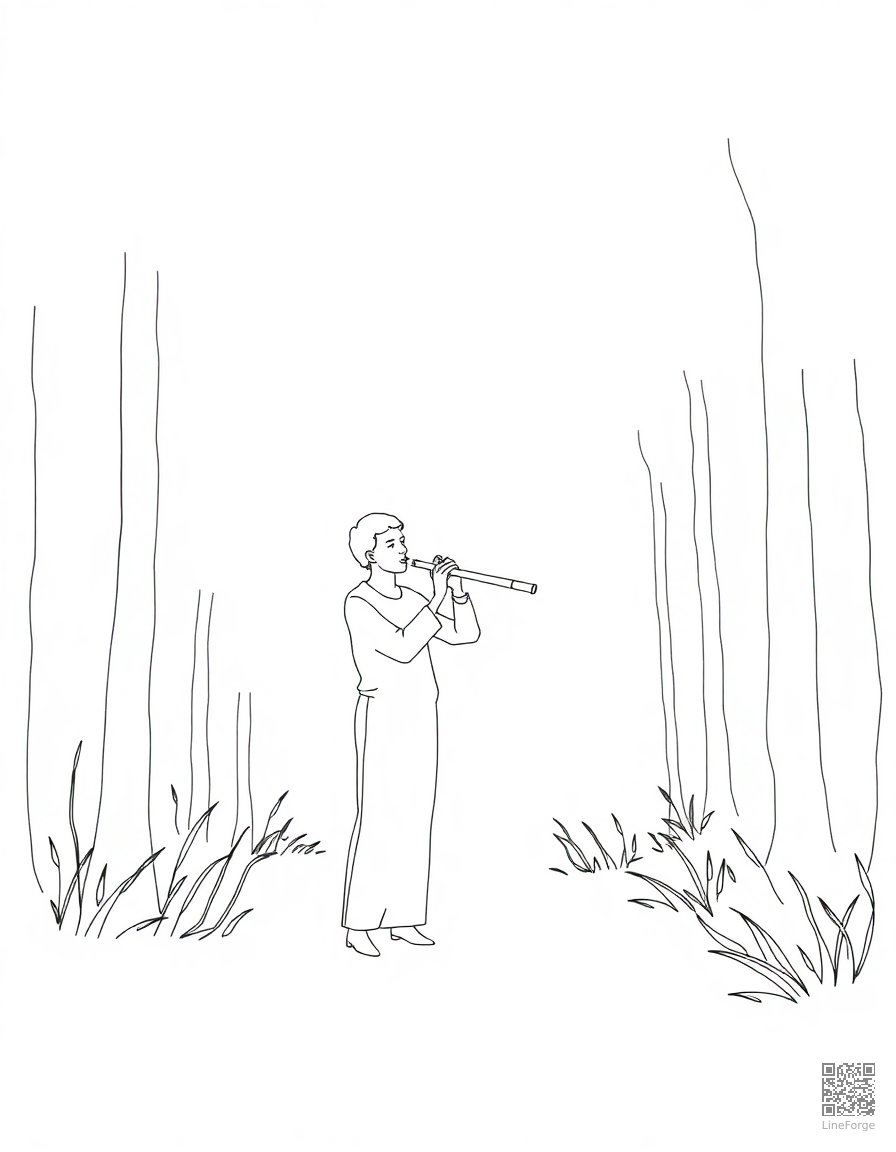 flute player in a forest glade coloring page Minimal style - free printable