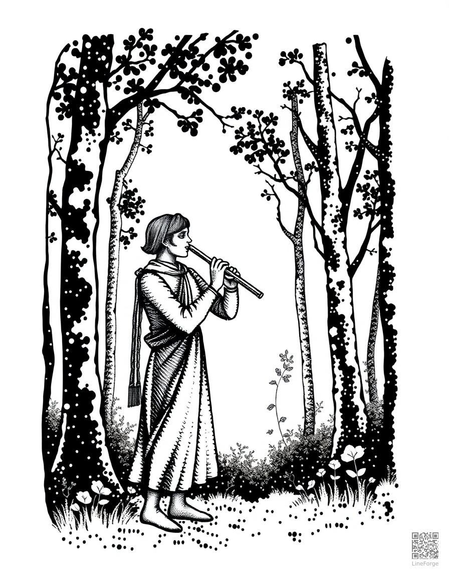 flute player in a forest glade coloring page Stipple style - free printable
