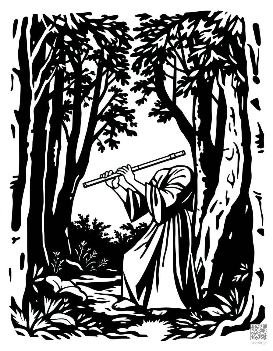 flute player in a forest glade coloring page Woodcut style - free printable