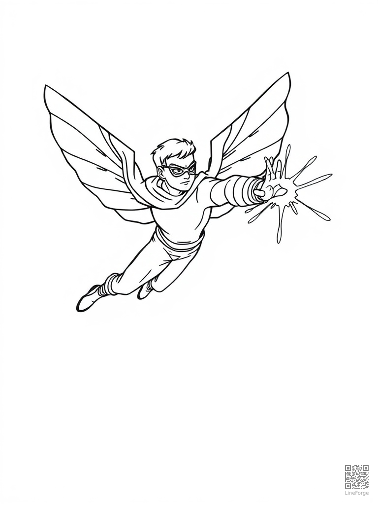 Free flying hero shooting energy beams from hands coloring page in contour style — printable line art