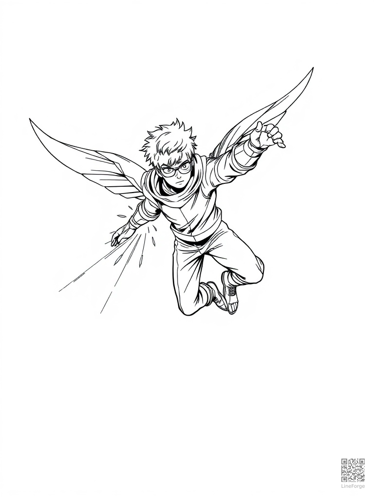 Free flying hero shooting energy beams from hands coloring page in manga style — printable line art