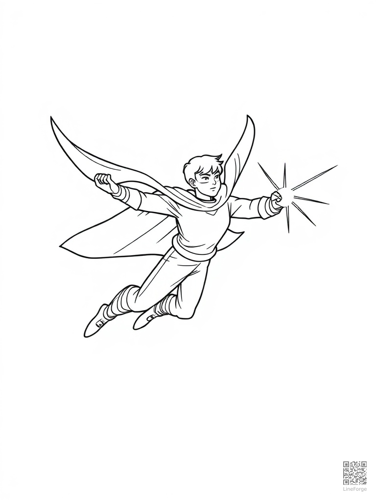 Free flying hero shooting energy beams from hands coloring page in minimal style — printable line art