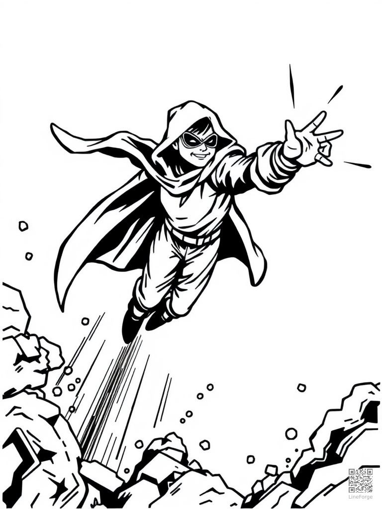 Free flying hero shooting energy beams from hands coloring page in woodcut style — printable line art