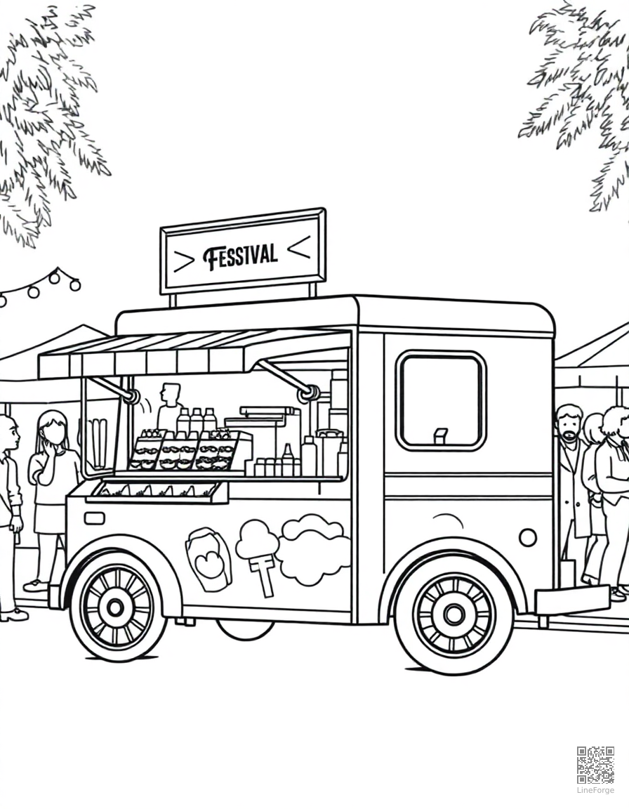 food truck at a street festival coloring page Contour style - free printable