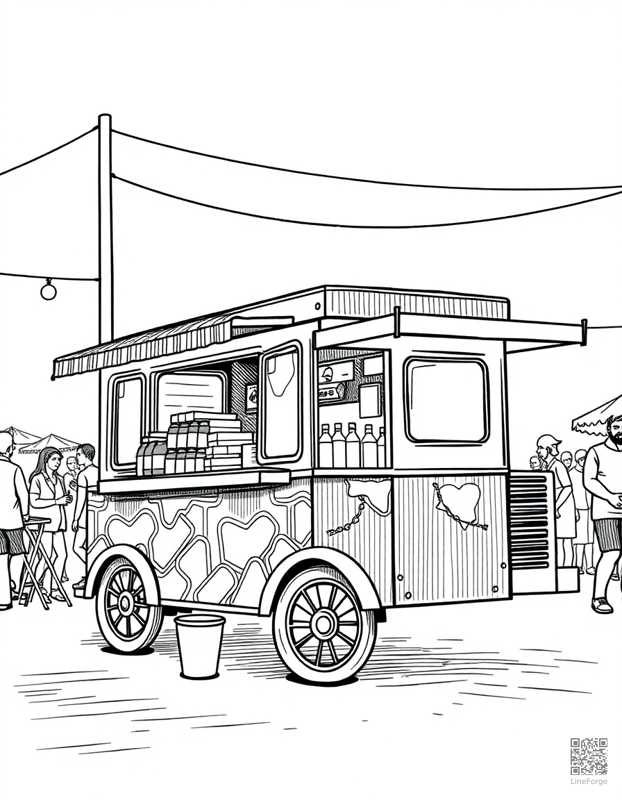 food truck at a street festival coloring page Crosshatch style - free printable