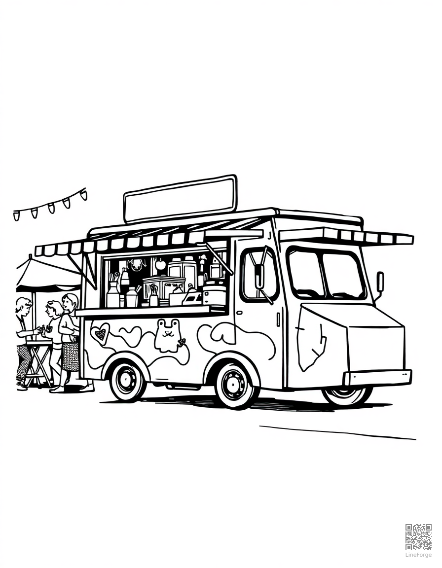 food truck at a street festival coloring page Woodcut style - free printable
