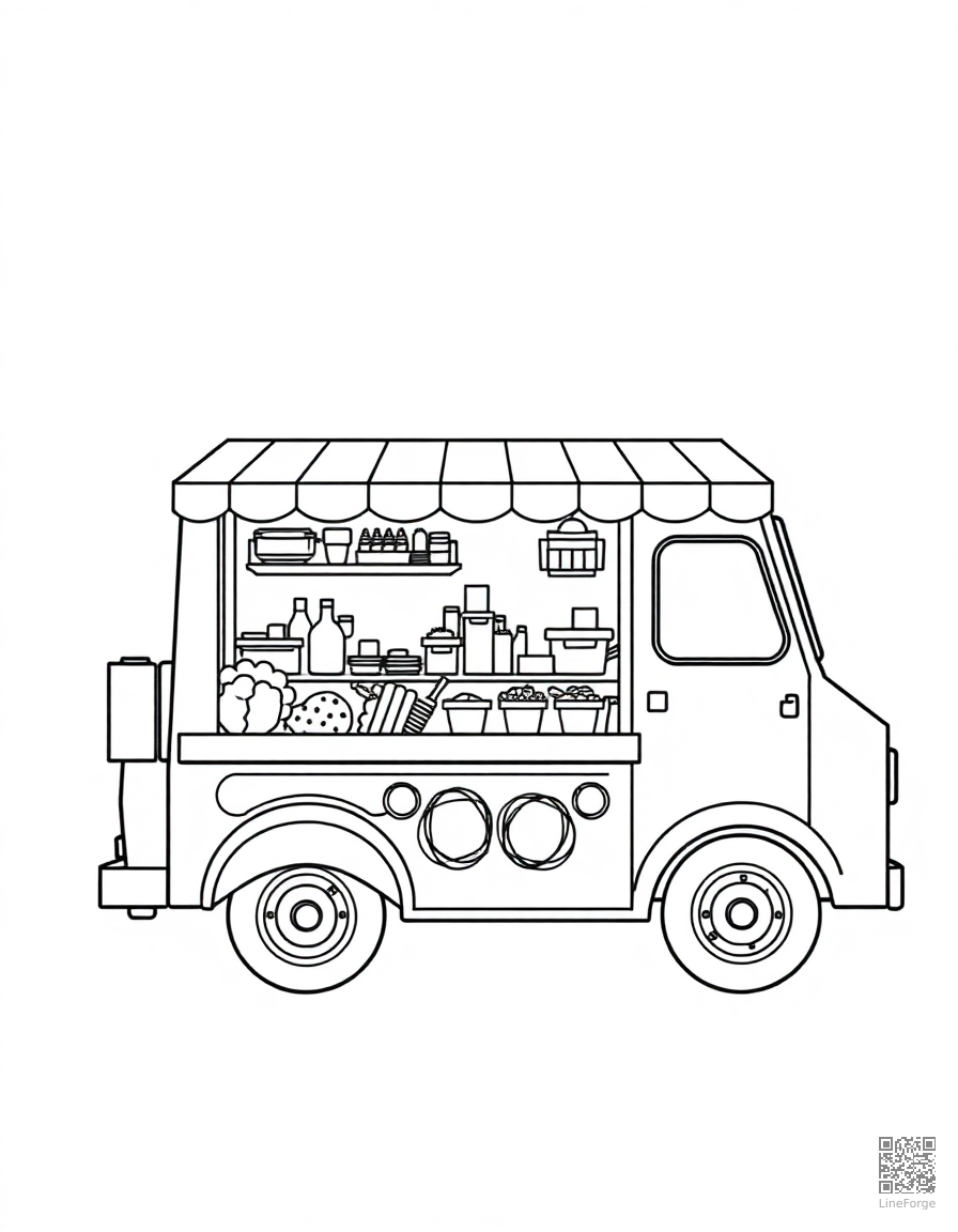 food truck serving street food coloring page Contour style - free printable