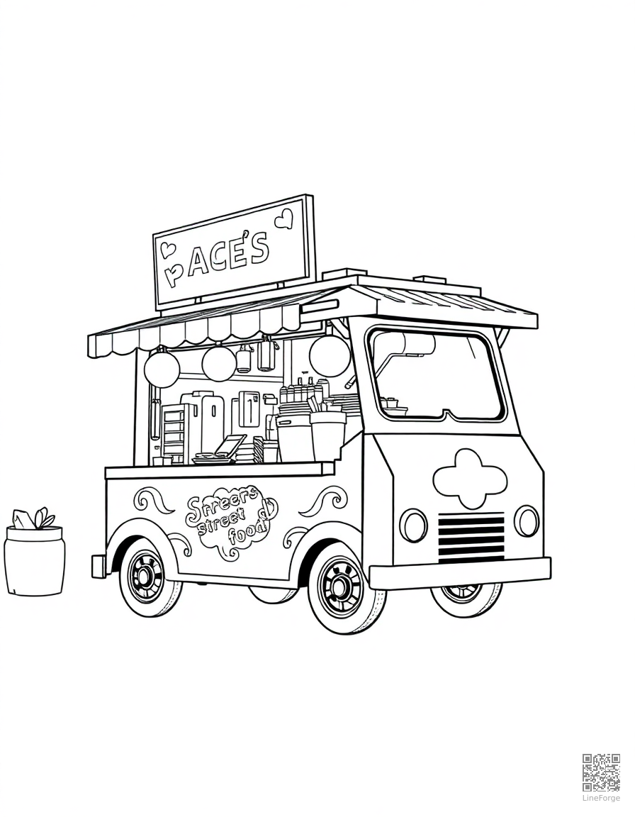 food truck serving street food coloring page Manga style - free printable