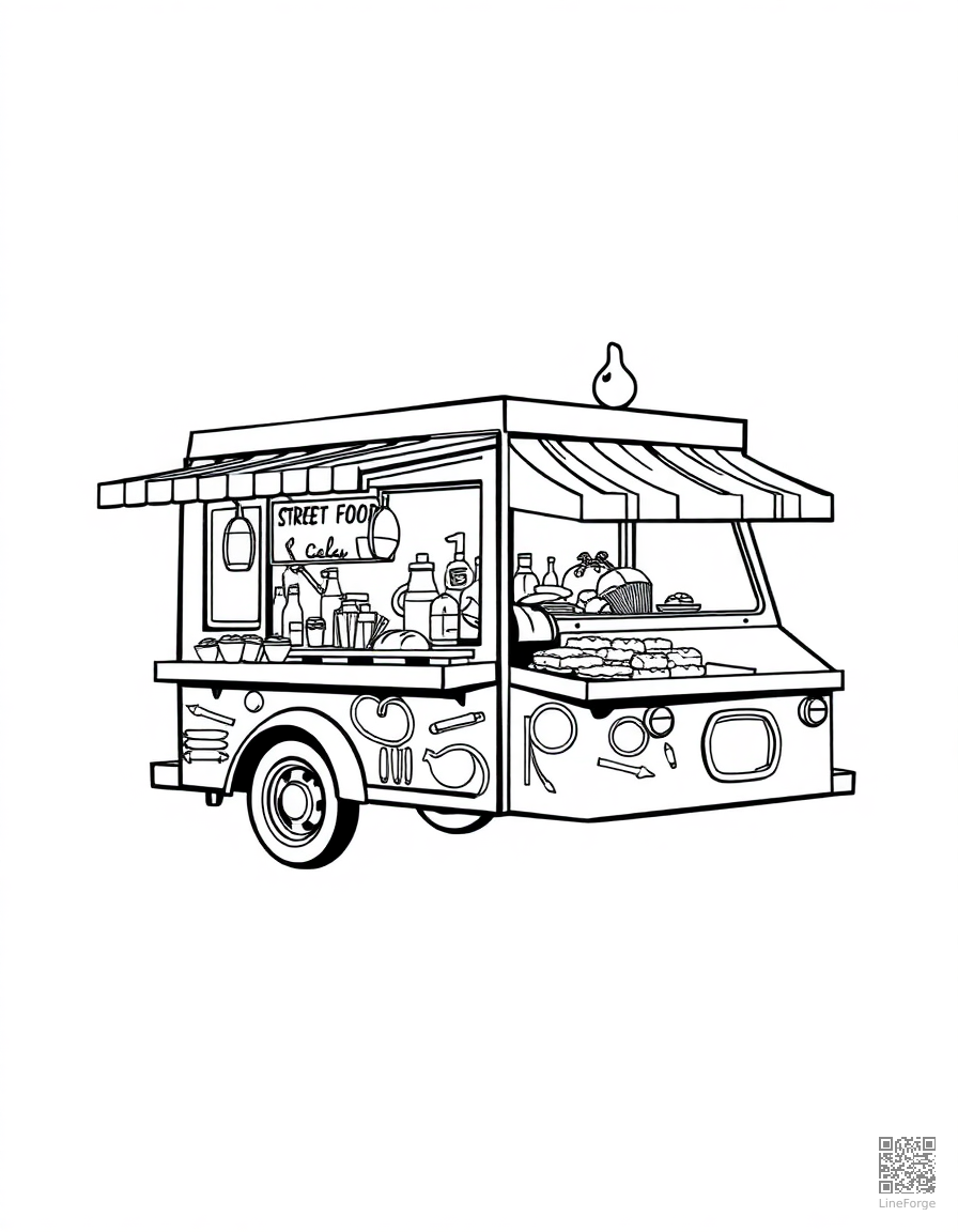 food truck serving street food coloring page Woodcut style - free printable