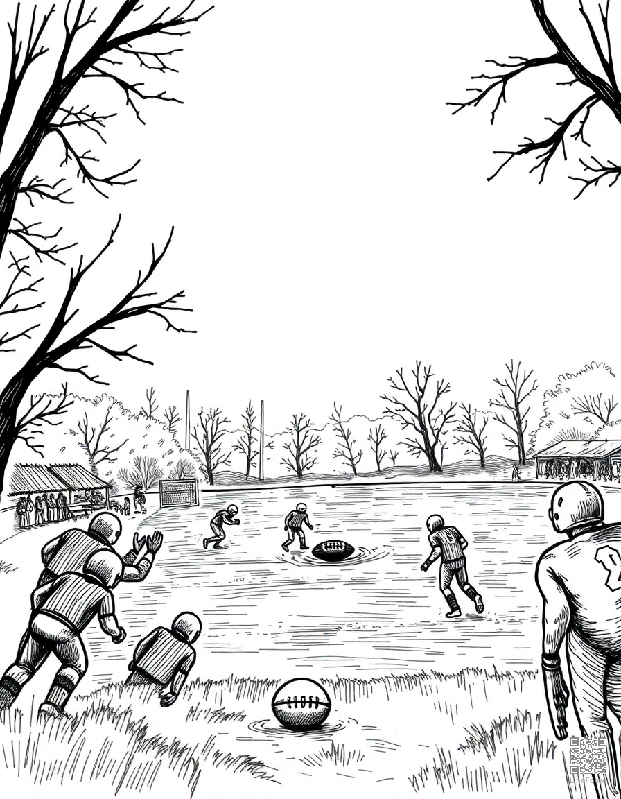 football game on a crisp fall day coloring page Crosshatch style - free printable