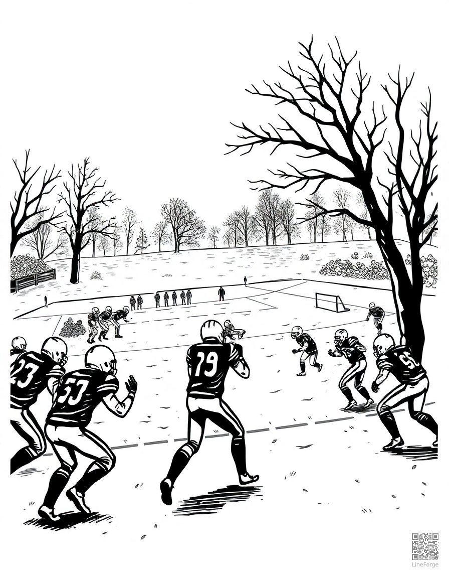football game on a crisp fall day coloring page Woodcut style - free printable