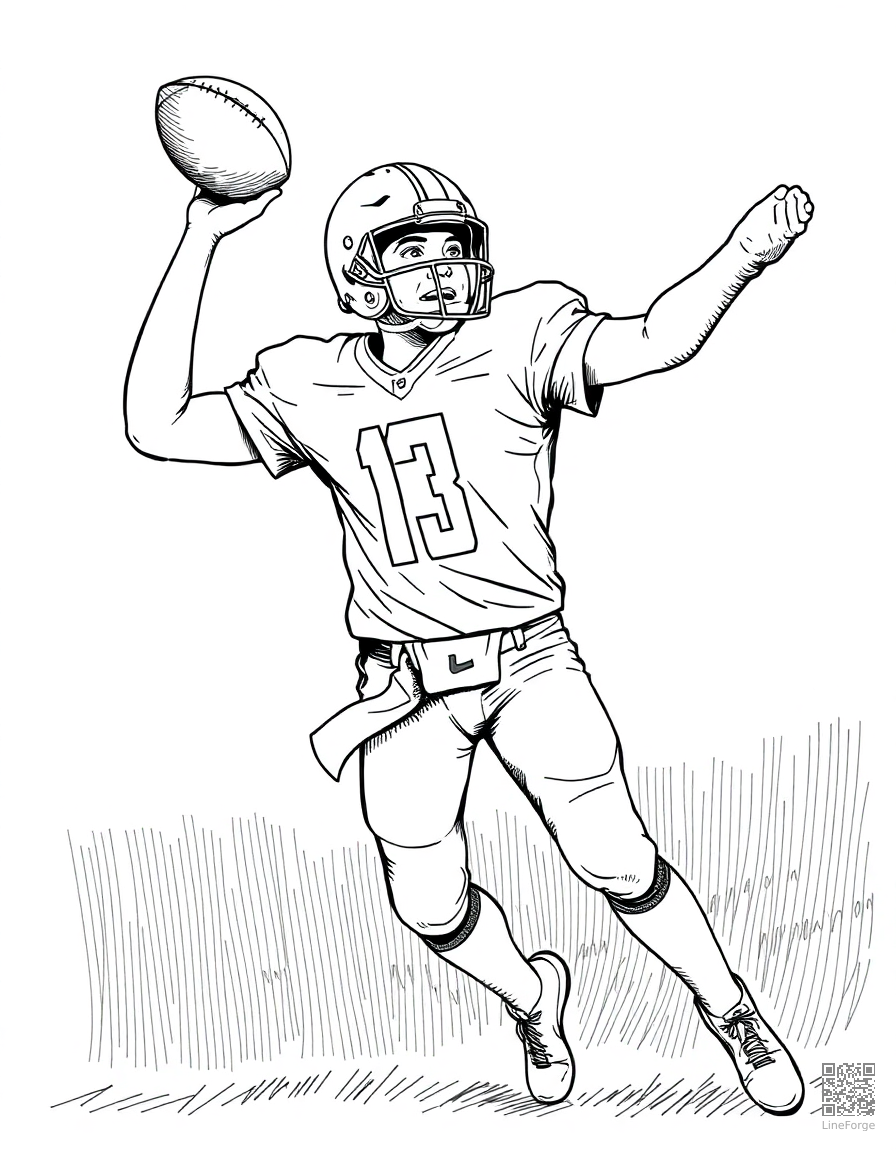 football quarterback throwing a pass coloring page Crosshatch style - free printable