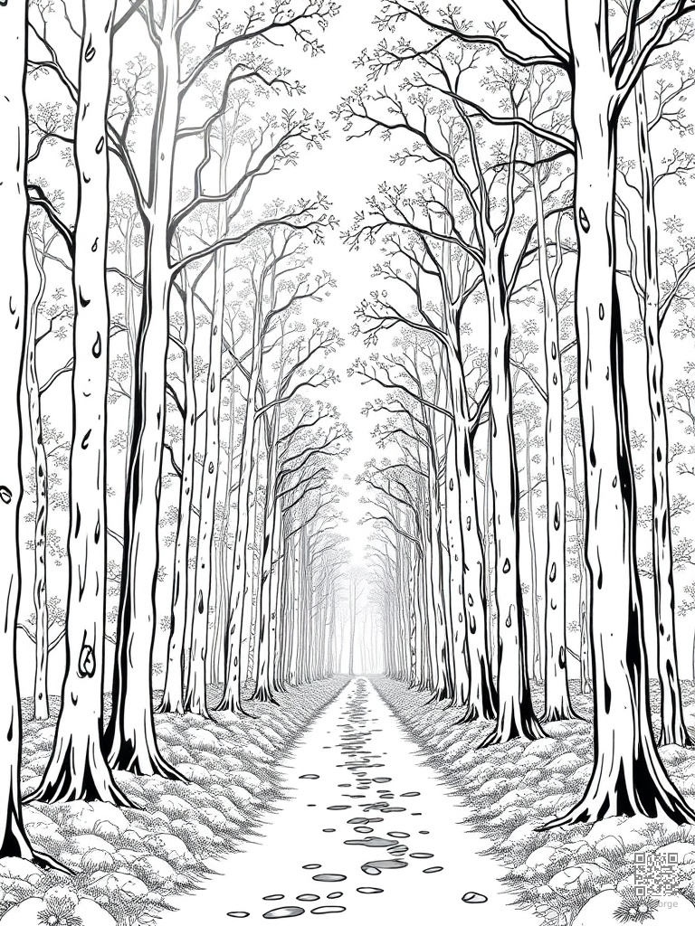 Forest path through tall trees with dappled sunlight coloring page Contour style - free printable