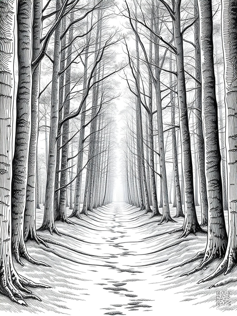 Forest path through tall trees with dappled sunlight coloring page Crosshatch style - free printable