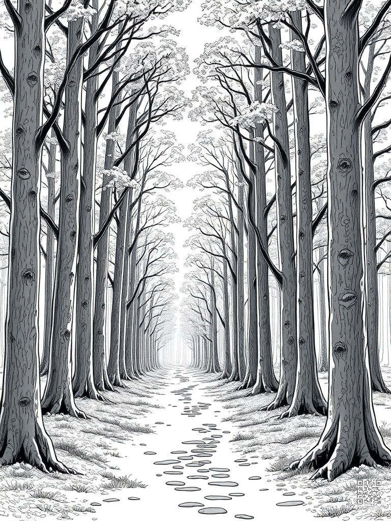 Forest path through tall trees with dappled sunlight coloring page Manga style - free printable