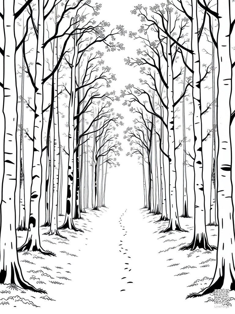 Forest path through tall trees with dappled sunlight coloring page Minimal style - free printable
