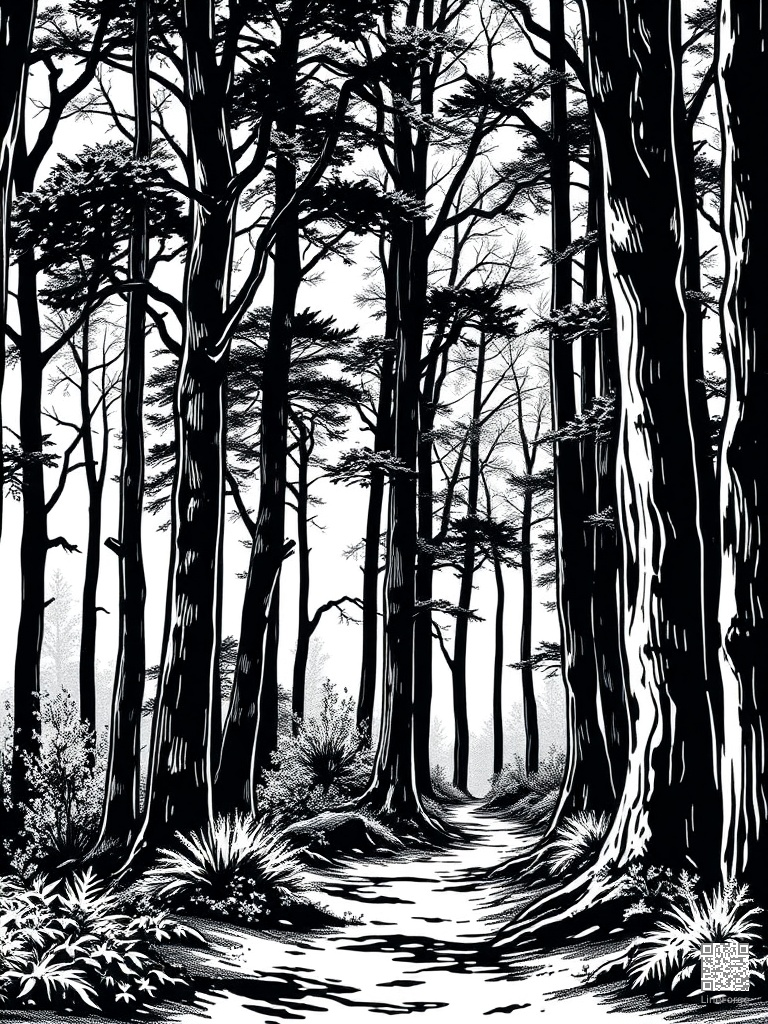 Forest path through tall trees with dappled sunlight coloring page Woodcut style - free printable