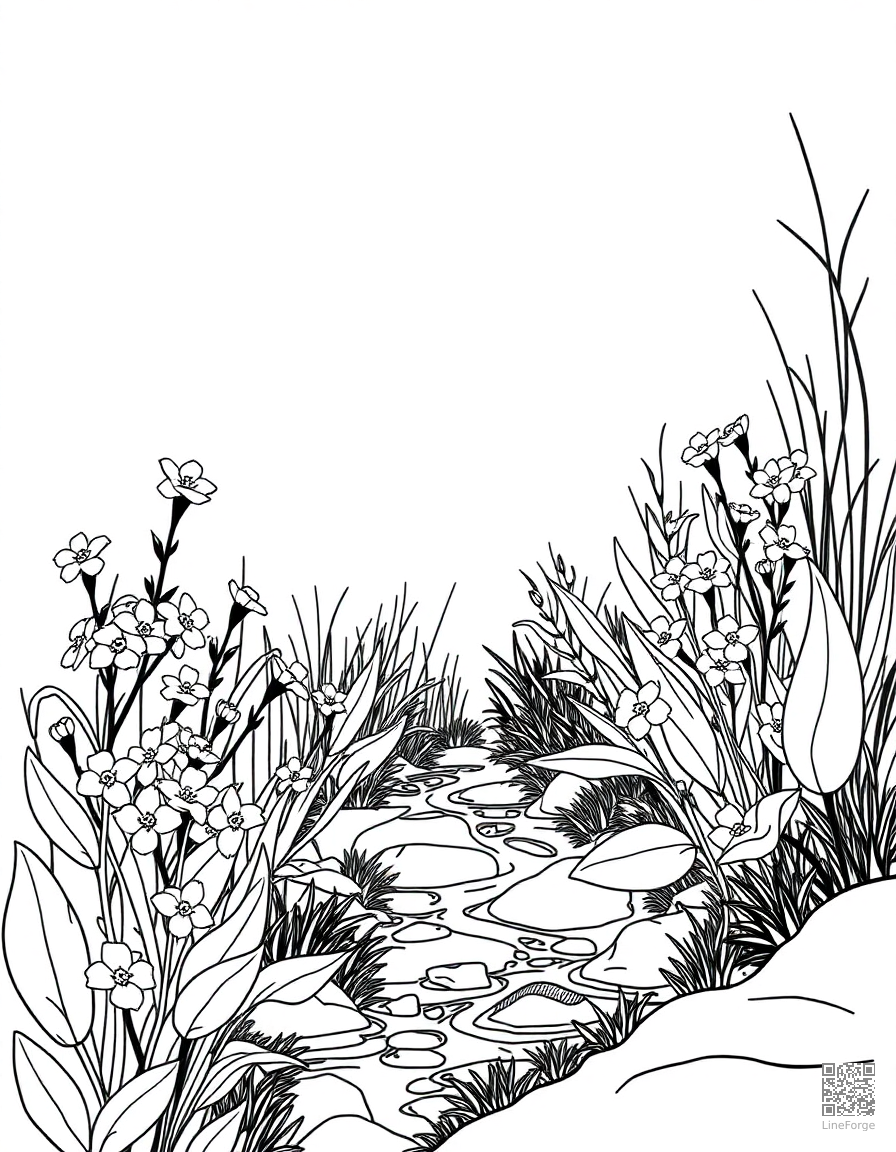 Free forget-me-not flowers along a stream coloring page in contour style — printable line art
